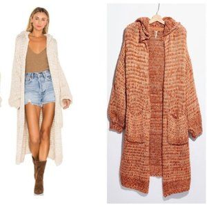 Free People Oversized Long Hooded Crofter Cardi Cardigan Sweater Red Earth